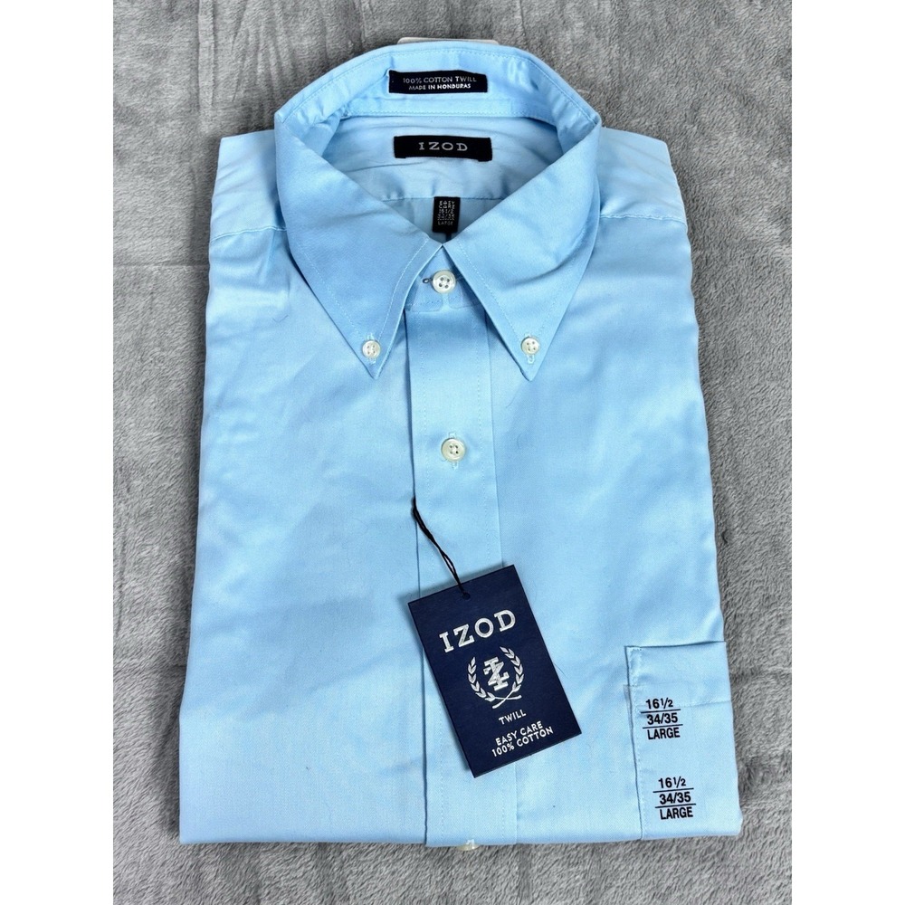 IZOD Mens Dress Shirt 16.5 34 35 Large Blue‎ Cotton Twill Button Down NWT